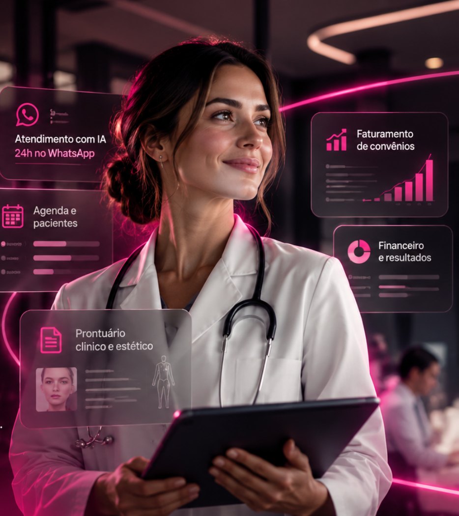 Médica usando o MadaPulse em um tablet, com os módulos de atendimento, agenda, prontuário e faturamento ao redor